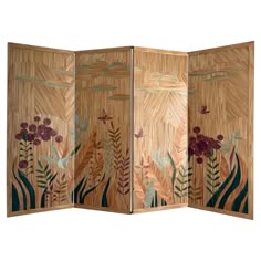 three panel bamboo screen with flowers and dragonflies