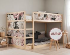 there is a bunk bed with flowers on it