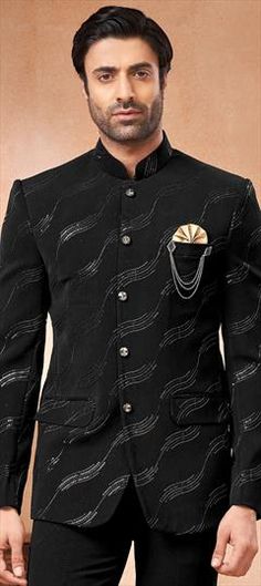 Black and Grey color Nehru Jacket in Synthetic fabric with Embroidered, Thread work Designer Black Nehru Jacket For Ceremonial Occasions, Designer Black Nehru Jacket With Long Sleeves, Traditional Black Nehru Jacket With Stand Collar, Designer Black Outerwear For Wedding, Fitted Black Bandhgala With Stand Collar, Ceremonial Black Bandhgala For Winter, Black Semi-formal Winter Sherwani, Black Semi-formal Sherwani For Winter, Semi-formal Black Sherwani For Winter