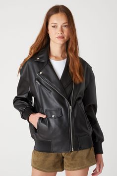 Fall Moto Biker Jacket With Pockets, Fall Moto Biker Jacket, Moto Biker Jacket With Pockets For Fall, Moto Outerwear With Zipper Closure And Long Sleeves, Moto Biker Jacket With Pockets For Motorcycling, Moto Leather Jacket With Pockets For Streetwear, Moto Style Long Sleeve Outerwear For Streetwear, Fall Biker Jacket With Pockets, Edgy Long Sleeve Outerwear For Motorcycling