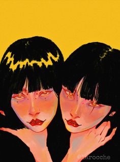 two women with black hair and yellow background, one has her hands on the other's chest