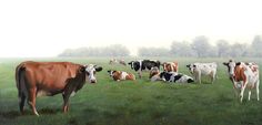 a painting of cows in a field with trees in the background