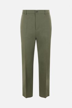 Valentino Garavani's straight-leg trousers crafted in olive green cotton with blue grosgrain bands embellished by contrasting lettering logo print. Featuring button / zip closure, belt loops, multiple pockets, central pressed crease and unlined interior.Gender: MenMaterial: COTTON098%ELASTANE002%Color: GREENMade in: ITProduct ID: 5V3RBL719UAL90*Import tax/duty will be calculated at checkout (If applicable) Green Straight Hem Pants For Work, Green Chinos For Work, Classic Green Workwear Chinos, Classic Green Chinos For Workwear, Green Chinos For Work With Straight Hem, Green Straight Hem Chinos For Work, Classic Olive Pants With Pockets, Olive Straight Pants With Belt Loops, Olive Trousers With Belt Loops