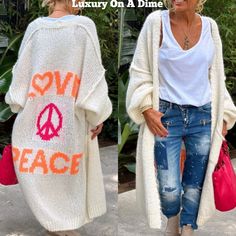 Love Peace Oversized Knit Exposed Seam Longline Patch Pocket Duster Long Cardigan This Cozy Colorful Knit Duster Cardigan Is A Bright And Playful Upgrade To A Timeless Wardrobe Staple. Hippie "Love Peace" Colorful Word Detailing On The Back That Adds A Unique Novelty Statement. The Exposed Seams And Large Patch Pockets Makes For A Grannycore Casual Bohemian Retro Vintage Vibe. Heavy Knit, Ribbed Trim On The Bottom Hem And Oversized Boyfriend Minimalist Laid-Back Styling. Chic, Casual And Sophist Knit Duster, Colorful Knit, Trendy Business Casual, Hippie Love, Timeless Wardrobe, Exposed Seams, Timeless Wardrobe Staples, Summer Lace, Duster Cardigan