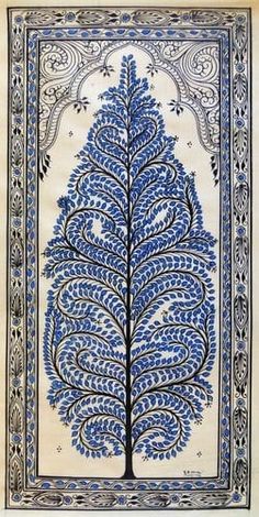 a blue and white painting with a tree in the middle, surrounded by ornate designs