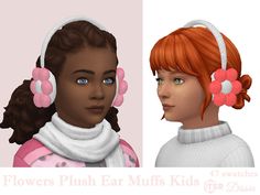 two cartoon girls with pink flowers on their ears and headbands, both wearing ear muffs