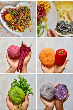 six different pictures of food being held in their hands