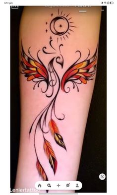 an artistic tattoo design on the side of a woman's leg