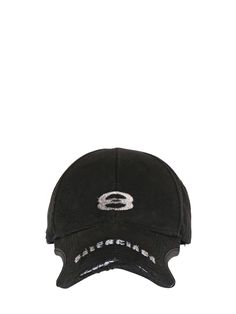 Adjustable strap at back. Front and visor stitched logo details. Intentionally distressed and stained areas may vary Distressed Visor Baseball Cap, Balenciaga Men, Black Hat, Black Men, Balenciaga, Accessories Hats, Adjustable Straps, Mens Accessories, Luxury Fashion