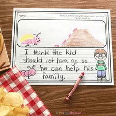 a child's handwritten poem and some chips on a table