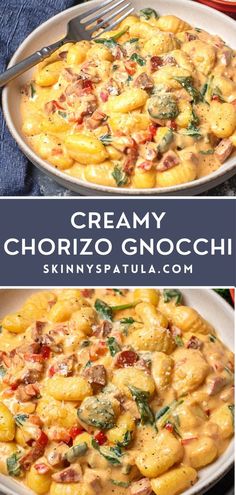 creamy chorizzo gnocchi with spinach and tomatoes in a white bowl