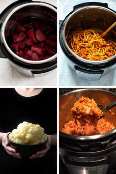 four pictures showing the steps in how to make crock pot potatoes and carrots