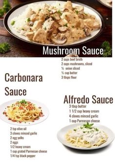 the menu for mushroom sauce is shown in three different languages and includes an assortment of ingredients