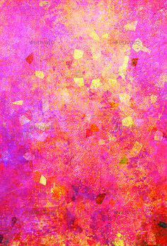 an abstract painting with lots of colors and shapes on the wall in pink, yellow, orange