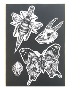 four stickers with different types of animals and insects on them, all in black and white