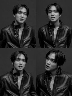 four different shots of a young man in black leather jacket and tie posing for the camera