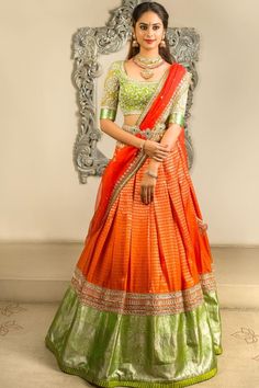 Latest Light Green and Orange Colour Designer Lehenga Choli for Wedding for more visit https://www.joshindia.com/lehengas.html Lehenga Color Combinations, Lehenga Choli For Wedding, Choli For Wedding, Green Blouse Designs, Choli Design, Latest Bridal Lehenga Designs, Orange Lehenga, Latest Silk Sarees, Bridal Lehenga Designs