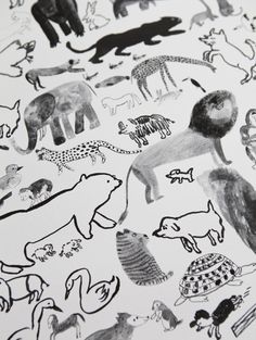 an animal pattern is shown in black and white, with many different animals on it