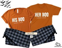 two t - shirts that say her boo since 2020 and have bats flying above them