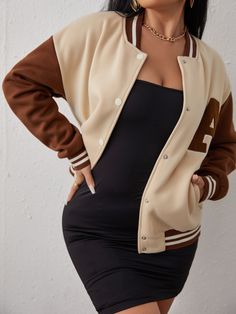 Khaki Casual Collar Long Sleeve Fabric Colorblock,Letter Varsity Embellished Slight Stretch Spring/Fall Women Clothing Drop Shoulder Coat, Varsity Jacket Women, Women Jackets, Letter Embroidery, Baseball Jacket, Inspiration Mode, Casual Street Style, Womens Fall, Long Sleeve Casual