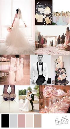 a collage of wedding photos with pink and black accents, including the bride's dress