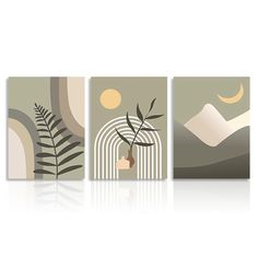 three paintings with different shapes and sizes, each depicting plants in the same color scheme