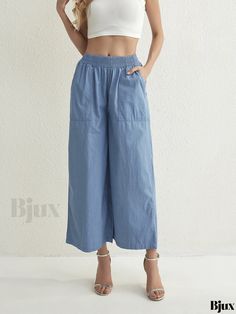 Bjux - Vintage Blue Wide Leg Denim Pants with Elastic Waistband and Large Slash Pocket - Womens Stylish Denim Jeans & Apparel Denim Blue Cargo Jeans For Summer, Light Wash Full Length Bottoms For Summer, Light Wash Full-length Summer Pants, Light Wash Summer Jeans With Elastic Waistband, Summer Light Wash Jeans With Elastic Waistband, Light Wash Jeans With Elastic Waistband For Summer, Summer Mid-rise Jeans With Elastic Waistband, Summer Jeans With Elastic Waistband, Full Length Jeans With Elastic Waistband For Summer