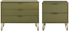 two green and gold dressers side by side