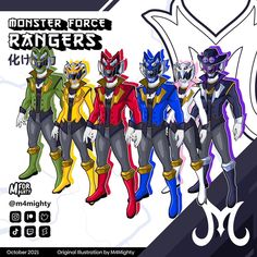 an advertisement for the monster force rangers, featuring four characters in different colors and sizes