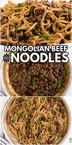 three different types of noodles in bowls with the words,'mongolian beef noodles '