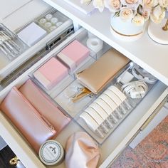 the drawers are organized and ready to be used as makeup storage containers for cosmetics, perfumes, and other personal care items