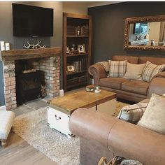 a living room filled with furniture and a fire place in front of a tv mounted on a wall