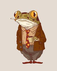 a frog wearing a suit and tie with a cup in his hand while standing on one leg