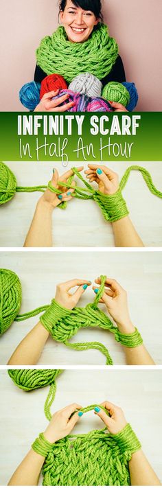 a woman is knitting yarn with her hands and the words, infinitity scarf