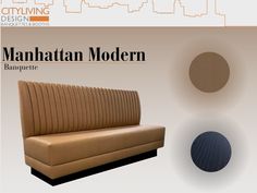 an advertisement for the manhattan modern banquet, with a couch and round object in front of it