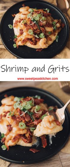 shrimp and grits on a black plate with a fork in it, next to the same dish