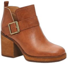 Brown Moto Boots With Stacked Heel For Fall, Brown Ankle Booties With Buckle Closure, Brown Ankle-high Moto Boots With Stacked Heel, Brown Stacked Heel Ankle-high Boots, Brown Ankle Boots With Stacked Heel, Brown Ankle-high Heeled Boots With Stacked Heel, Brown Ankle-high Boots With Stacked Heel, Casual Brown Moto Boots With Stacked Heel, Brown Ankle-high Moto Boots For Work