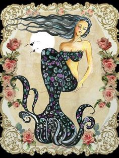 a painting of a woman with long hair and an octopus on her back, surrounded by roses