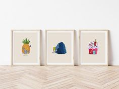 three framed pictures on the wall with pineapples and cupcakes in them