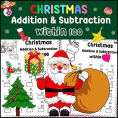 christmas addition and subtraction worksheet for kids with santa clause on it