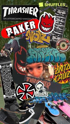 a collage of skateboards and stickers with the words thrasher on them