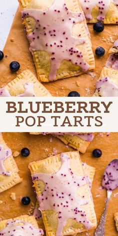 blueberry pop tarts on a cutting board with the text overlay that reads, blueberry pop tarts