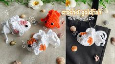 crochet goldfish mini pouch and keychain made to look like fish