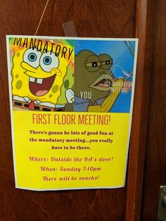 a sign posted on the door to a meeting room with an image of spongebob