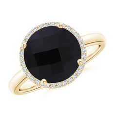 This scintillating cocktail ring showcases a checkerboard-cut, prong set round black onyx. Luminous round diamonds surround it and create a striking halo. Crafted from 14k yellow gold, this ring also features a reverse tapered shank. Black Gems, Ring With Diamond, Black Onyx Ring, Onyx Ring, Diamond Halo, Exquisite Jewelry, Cocktail Ring, Black Rings, Cocktail Rings