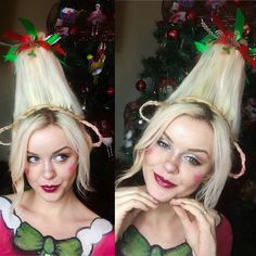 Whoville Christmas makeup and hair Whoville Nose Diy, Whoville Makeup Nose Diy, Grinchmas Brunch, Whoville Makeup Ideas, Whoville Makeup, Christmas Updos, Whoville Costumes, Holiday Makeup Christmas, Whoville Hair