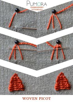 four pieces of knitting are arranged in the shape of trianglees with pins attached to them