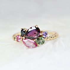 Sapphire Cluster Ring, Shelter In Place, Vintage Inspired Rings, Multicolor Jewelry, Family Rings, Mother Rings, Blue Peach, Dream Ring, Peach Pink