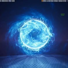 a computer screen with an image of a circular object in the center and blue flames around it