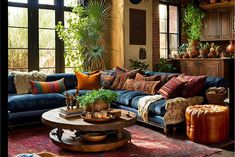 a living room filled with lots of furniture and plants on top of the couches